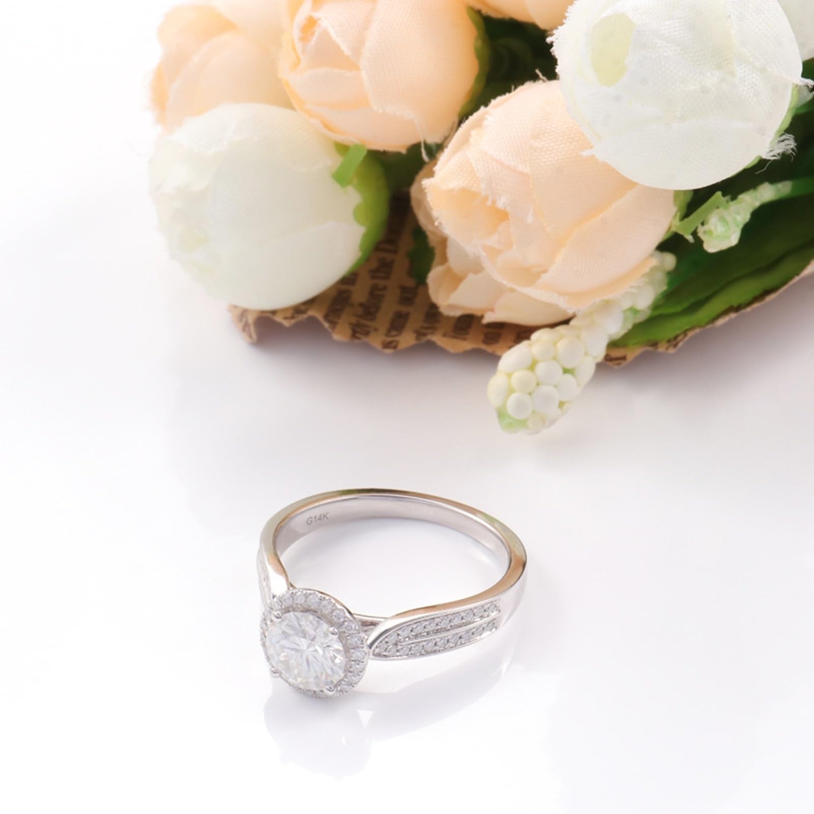 Anillo de mujer de oro blanco 375/585/750 de oro auténtico, anillos de compromiso, anillos de boda grabados con Moissanite 2ct D Color VVS1 anillo Halo Gold 9K/14K/18K para mujeres