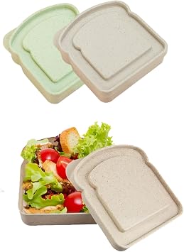 2pcs Reusable Sandwich Containers,Sandwich Box Container for Lunch,Plastic Toast-Shaped Food Storage Box with Lid for Snacks,Fruit, and Meals Ideal for Office Camping Beige and green