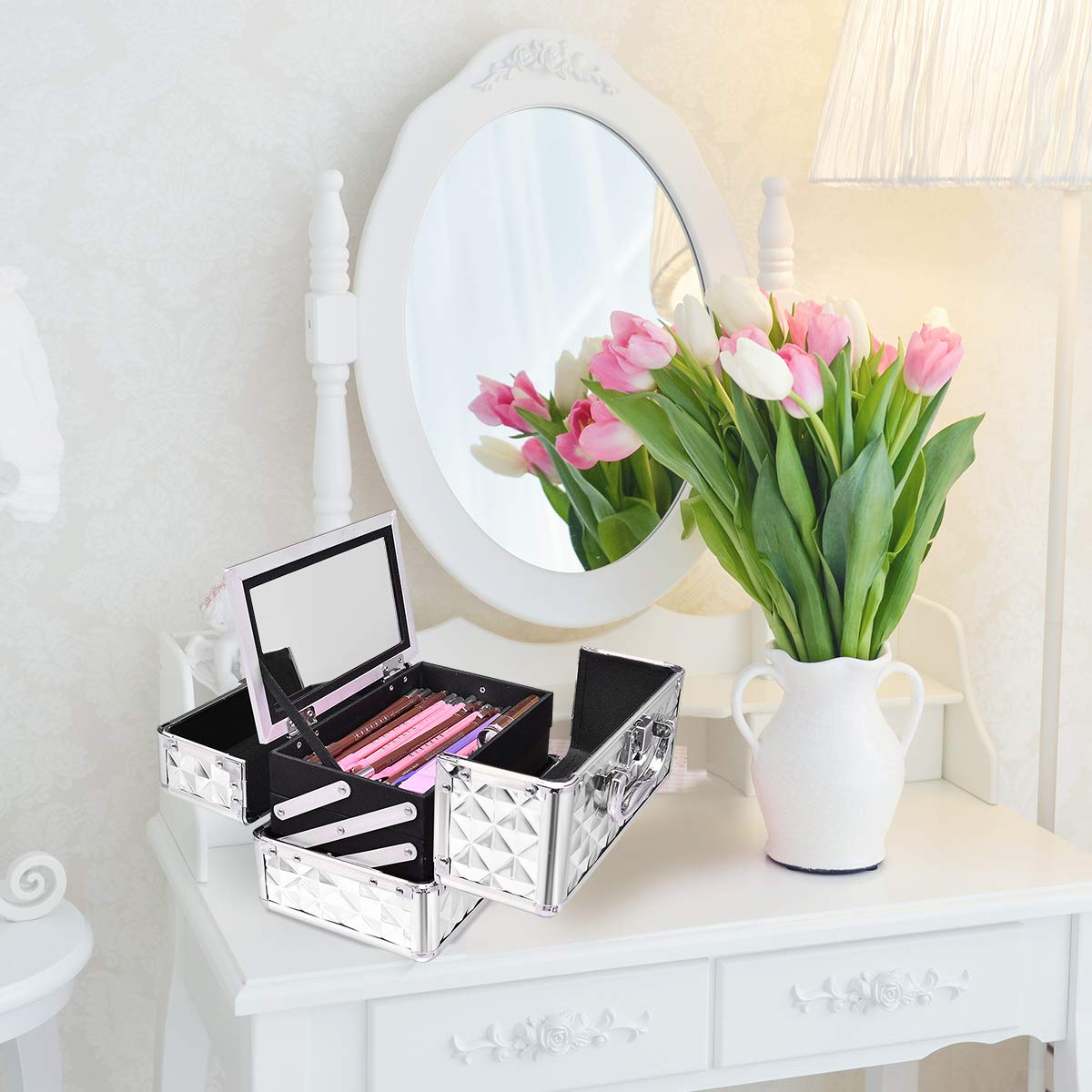 GOPLUS Kosmetikkoffer, Schminkkoffer leer mit Spiegel & 2 ausziehbare Ablagen, Makeup Oragnizer tragbar mit Tragegriff & Verschluss, Beauty Case für Reise, Friseure & Visagisten (Silber)