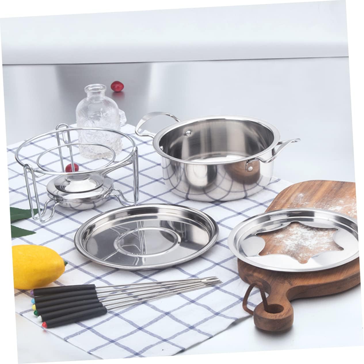 10pieces Stainless Steel Fondue Set for Chocolate and Cheese Melting Includes Coded Forks and Gel Burner for Parties and Gatherings