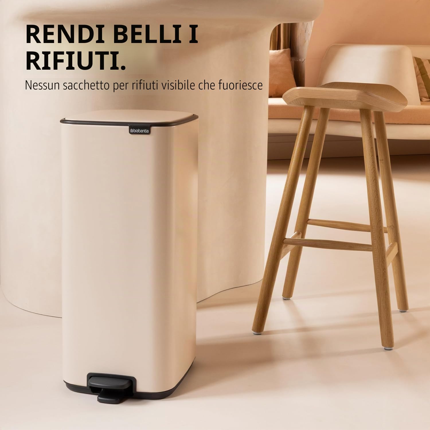 Brabantia Bo Touch Bin 30L (Matt Black), Pattumiera rettangolare salvaspazio, Cestino con apertura soft touch, Secchio spazzatura con secchio interno rimovibile e sacchetti PerfectFit inclusi