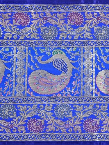 Image of Banarasi Brocade Zari Silk Table Runner Dinning & Centre Table Runner 177 By 30 CM (Blue, Peacock)