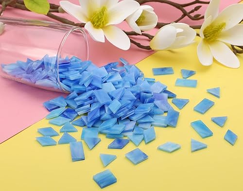 Miniatura 4 de Lanyani 200 azulejos de mosaico de vidrio, formas coloridas mezcladas cuadrado, rectángulo, diamante, triángulo, azul océano