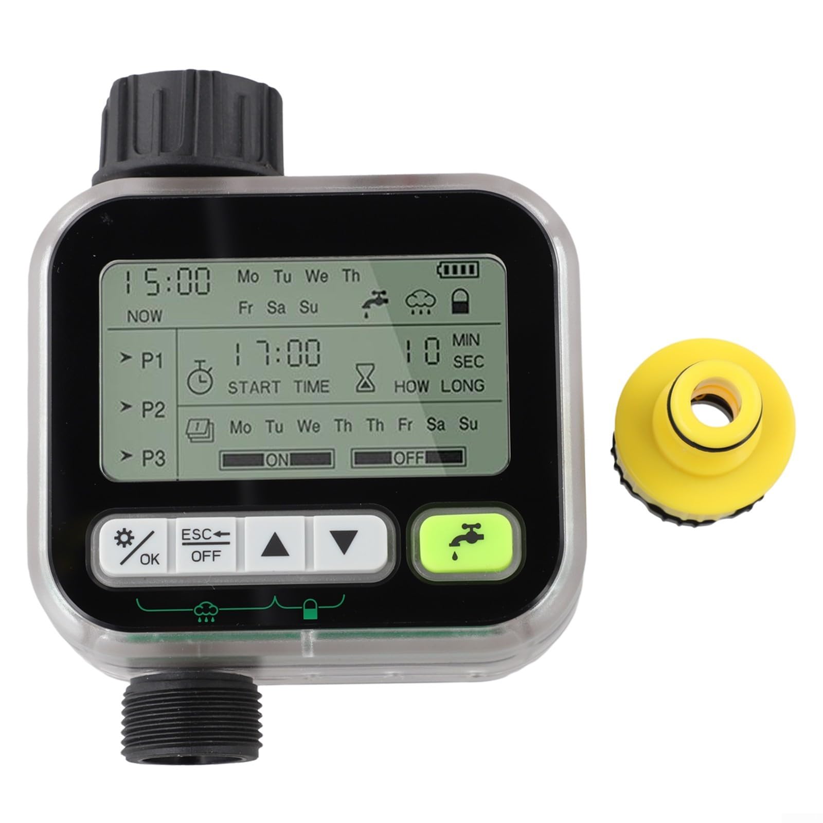 Rain Adaptive Hose Timer Specchio Display LCD Controller di irrigazione intelligente Blocco bambini Sensore pioggia IPX5 Programma di irrigazione flessibile Facile da usare Nero Trasparente 10,5 x 16