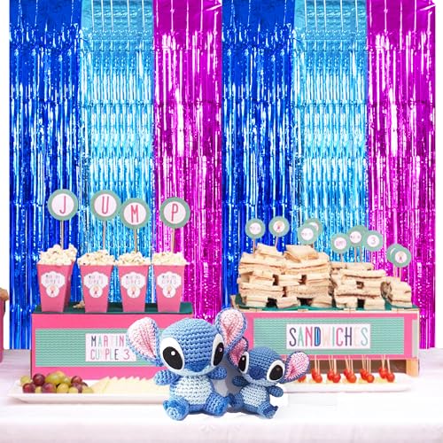 Image of TONIFUL Blue Pink Door Streamers,Blue and Pink Photo Booth Backdrop Metallic Streamers Foil Fringe Curtain for Birthday,New Year,Graduation,Grad,Baby Shower Party Streamers Decoration