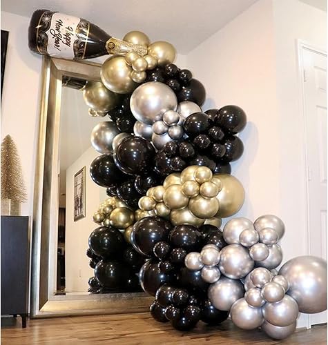 Miniatura 4 de Kit de arco de guirnalda de globos plateados de oro negro con cromo metálico dorado plateado 169 globos de varios tamaños para aniversario, fiesta