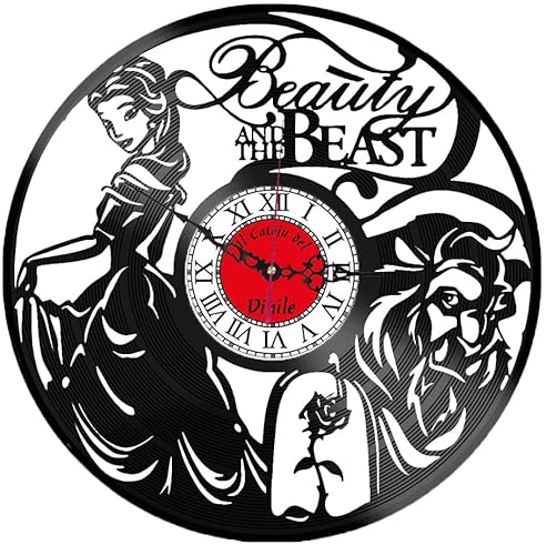 Orologio da Parete in Vinile La bella e la bestia idee regalo per gli amanti dei cartoni disney (logo rosso, barocco nero)