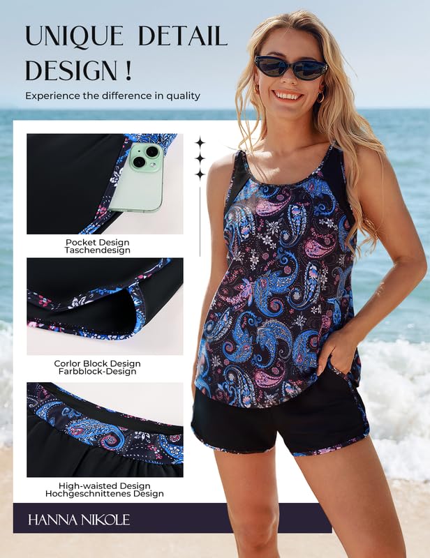 Hanna Nikole Tankini - Conjunto de traje de baño para mujer, diseño de barriga, dos piezas, sujetador push up, traje de baño integrado y bragas integradas, cintura alta, pantalones cortos de baño con