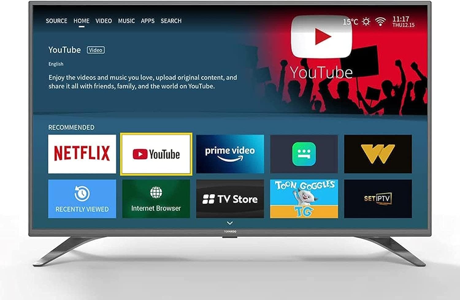 TORNADO Smart LED TV 43ES1500E and its accessories laid out