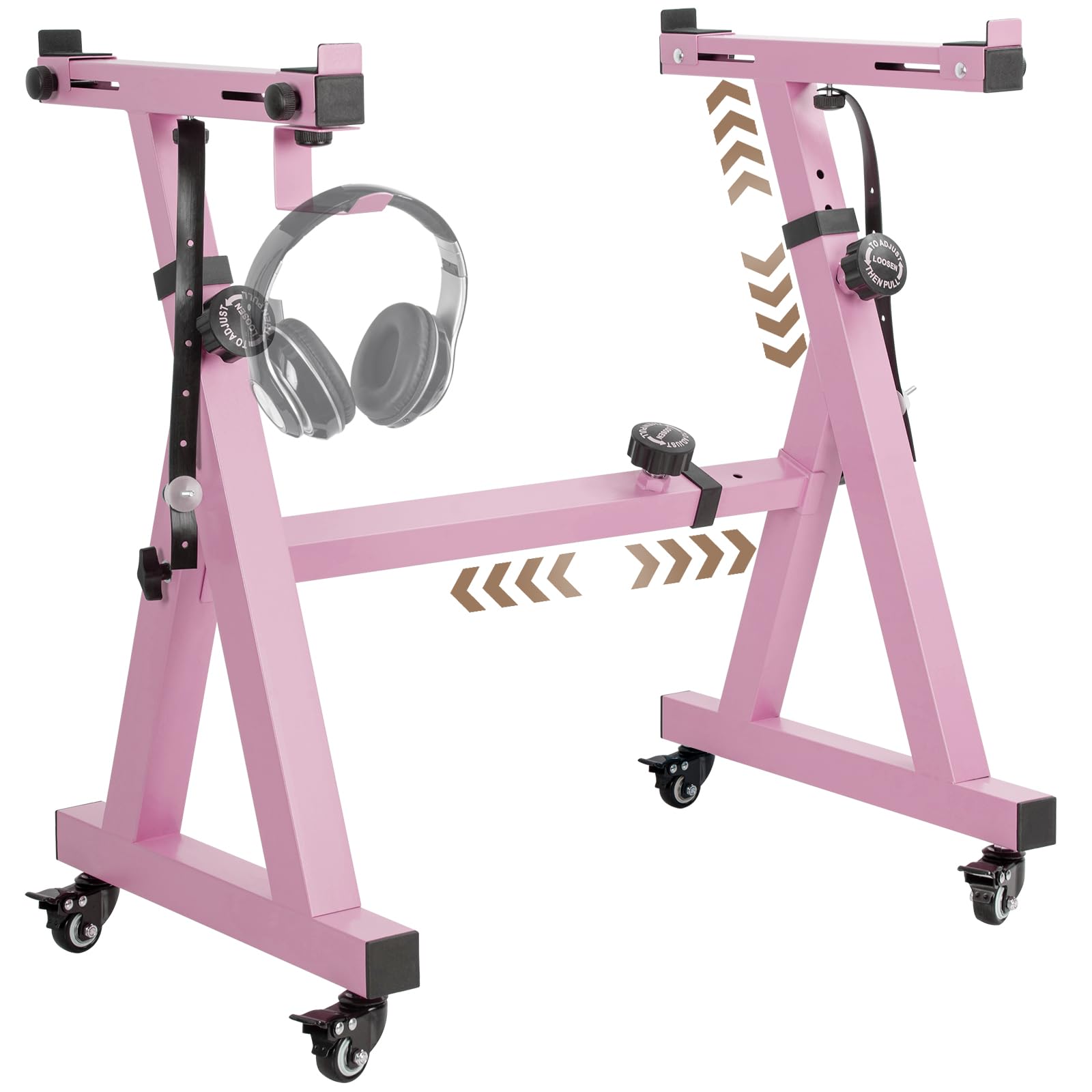 OUUTMEE Soporte para teclado, ruedas, soporte para teclado, forma de Z, ajustable, con riel deslizante, fácil de usar (Z-Rosa) | Con ruedas, fácil de usar, rango de altura: 55 – 87 cm, con soporte para auriculares, adecuado para ejercicios y actuaciones
