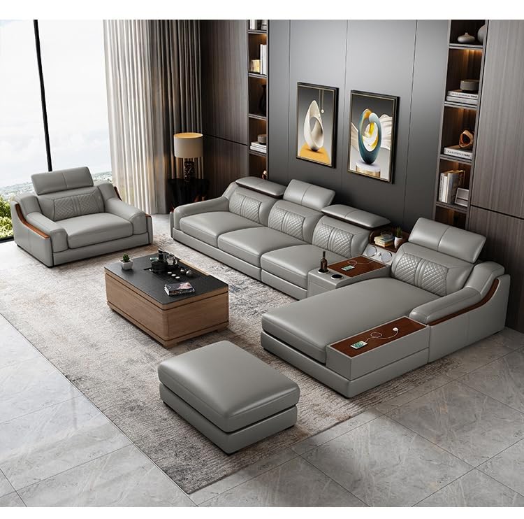 Modern Living Room Sofa Set 5 Piece L-Shaped Corner Leather Sofa Gray