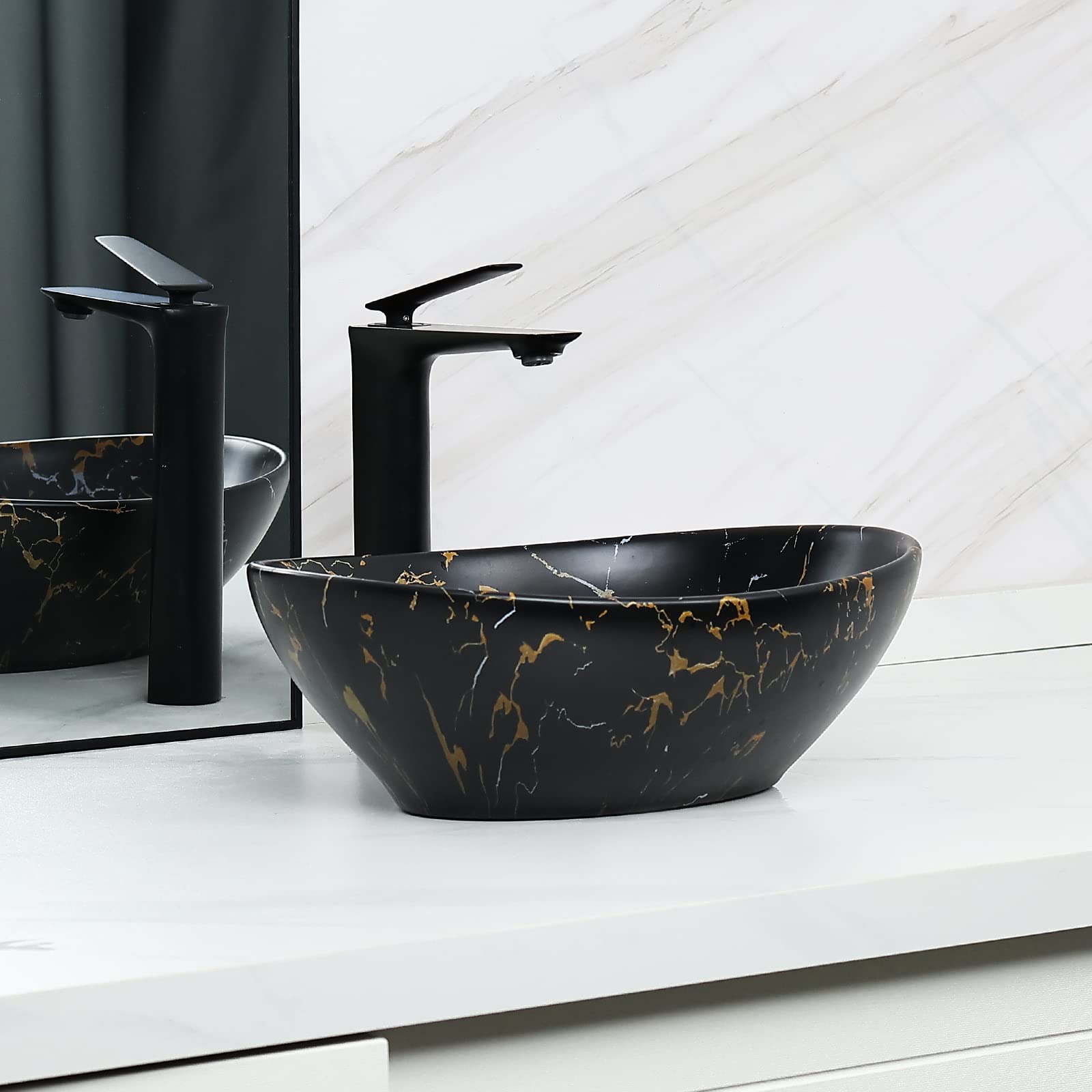 Fregadero ovalado negro mate de 16 x 13.2 pulgadas con drenaje desplegable, fregaderos de baño, lavabos de baño sobre encimera, fregadero de cerámica para encimera, fregadero, cuencos negros 8