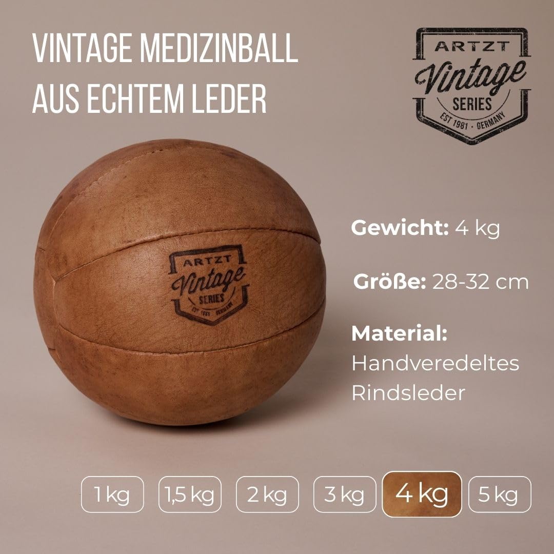 ARTZT Vintage Series Medizinball | Handveredeltes Rindsleder | Einzigartiges Design | Made in Germany | Robust & Langlebig | Ideal für Wohnzimmer & Trainingsraum (4 KG)