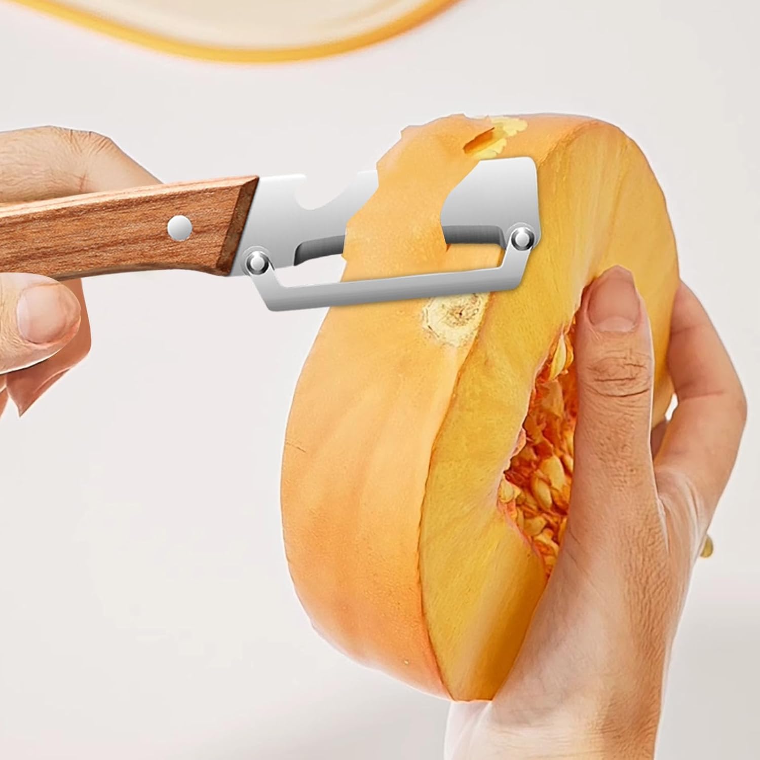 Éplucheur Multifonction 3 en 1 Acier Inoxydable avec Manche en Bois, Coupe-Légumes et Ouvre-Bouteille