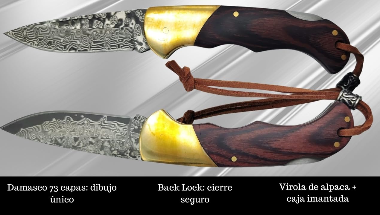Navaja Damasco 73 Capas | Hoja 6 cm, Back Lock, Virola Alpaca, Caja Imantada | Llavero Monedero de Piel Hecho en España para 6 Llaves con Cierre de Botón (Damasco Marrón)