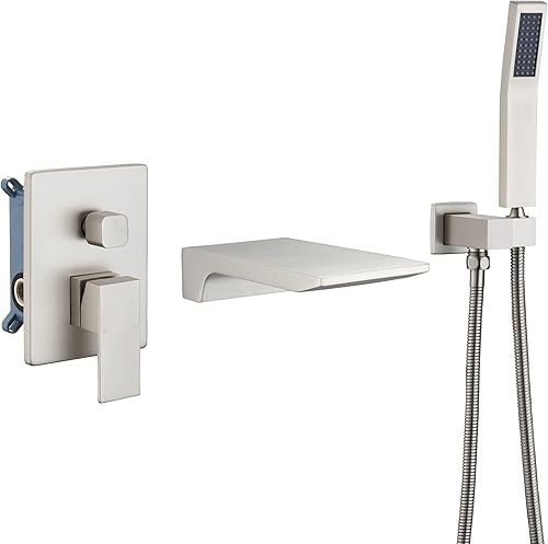 DASAN SA-TF01WH-BN - Grifo de llenado de bañera en cascada con ducha de mano, moderno grifo de bañera de níquel cepillado con válvula de alto caudal