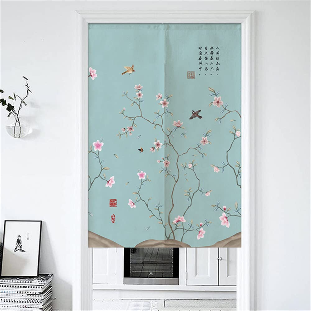 Hiseng Chinese Tradition Flower and Bird Painting Doorway Curtain, Japanese Noren for Home Decoration, Cafe Bedroom Kitchen Restaurants Partition Half-door Curtain (Green,85x150cm)