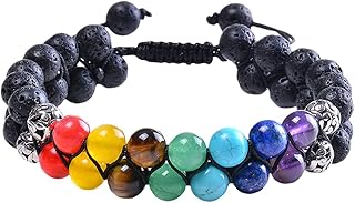 7 Chakra Stone Beaded Strand Bracelets, Double Layer 8mm Beads Bracelets with Braided Rope for Mens/Women, Small, Stone, Lava Stone