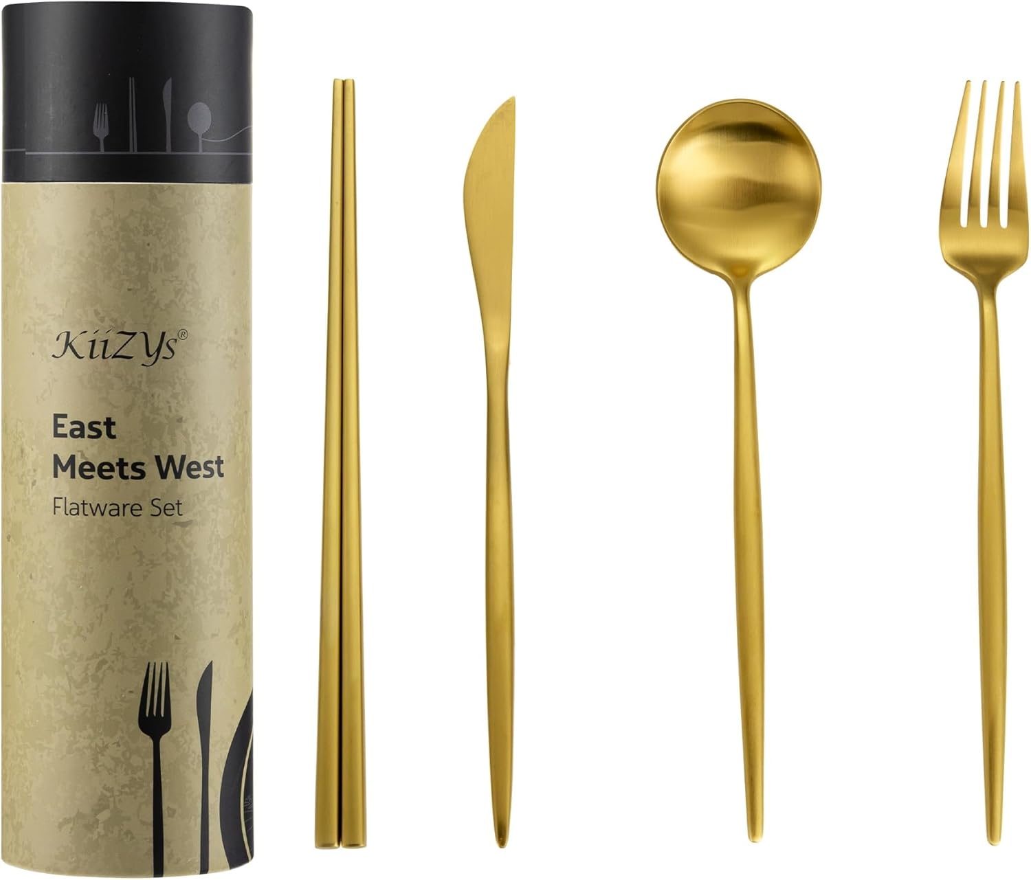Matte Gold Utensils Set - 16-piece KiiZYs Cutlery Stainless Steel Silverware - Flatware Set Korean Chopsticks Fork Spoon Knife - Cubiertos Dorados Dishwasher Safe Gift Box (Gold, Service for 4)