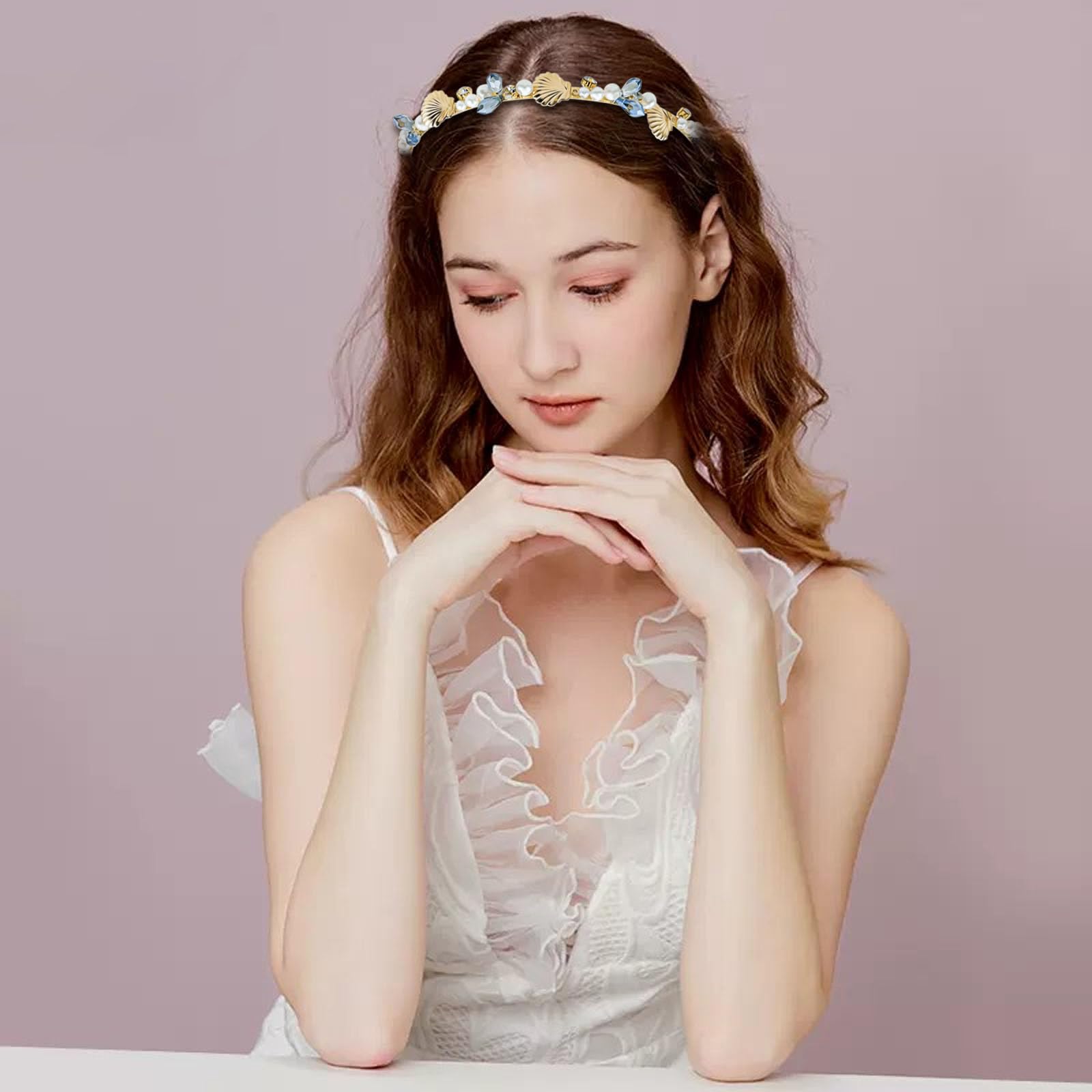 Aswewamt 2 Pcs Mermaid Seashell Starfish Headbands Pearl Crystal Rhinestone Hairbands Alloy Hair Hoop Beach Bridal Elegant Headpiece Wedding Hair Accessories for Women Girls - Image 3