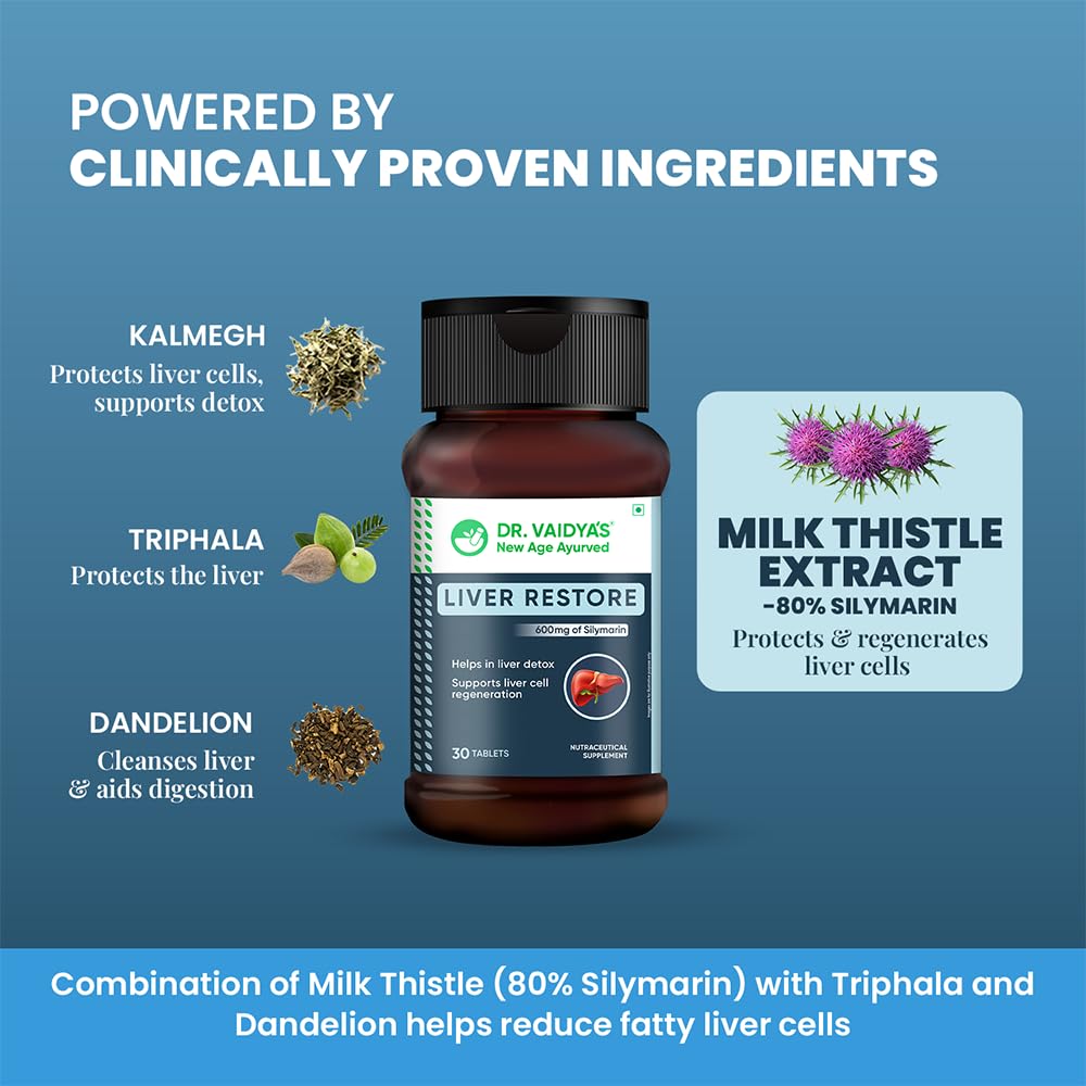 Dr. Vaidya’s Liver Restore Tablets with Milk Thistle and Dandelion | 600mg Silymarin | Ayurvedic Liver Detox & Care Supplement | Supports Liver Health, Cleansing, Digestion & Metabolism | 30 Tablets, Pack of 1