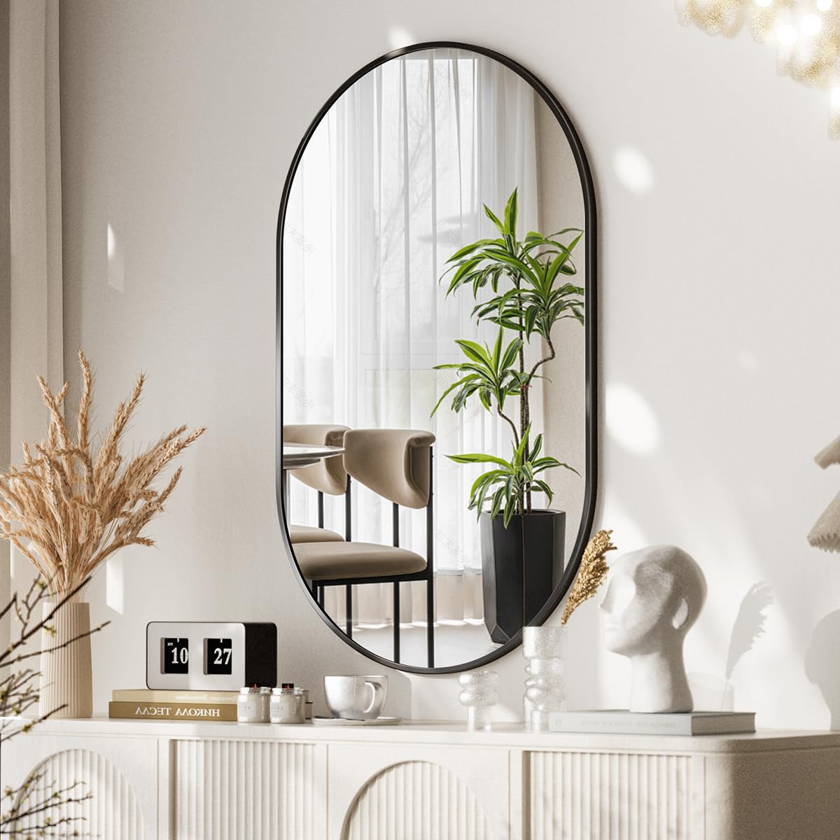 Black Oval Wall Mirror, 17x30 inch Oval Bathroom Mirror, Wall Mounted Vanity Mirror with Metal Framed, Tempered Glass and Reflective High Definition, Mounted Horizontally or Vertically