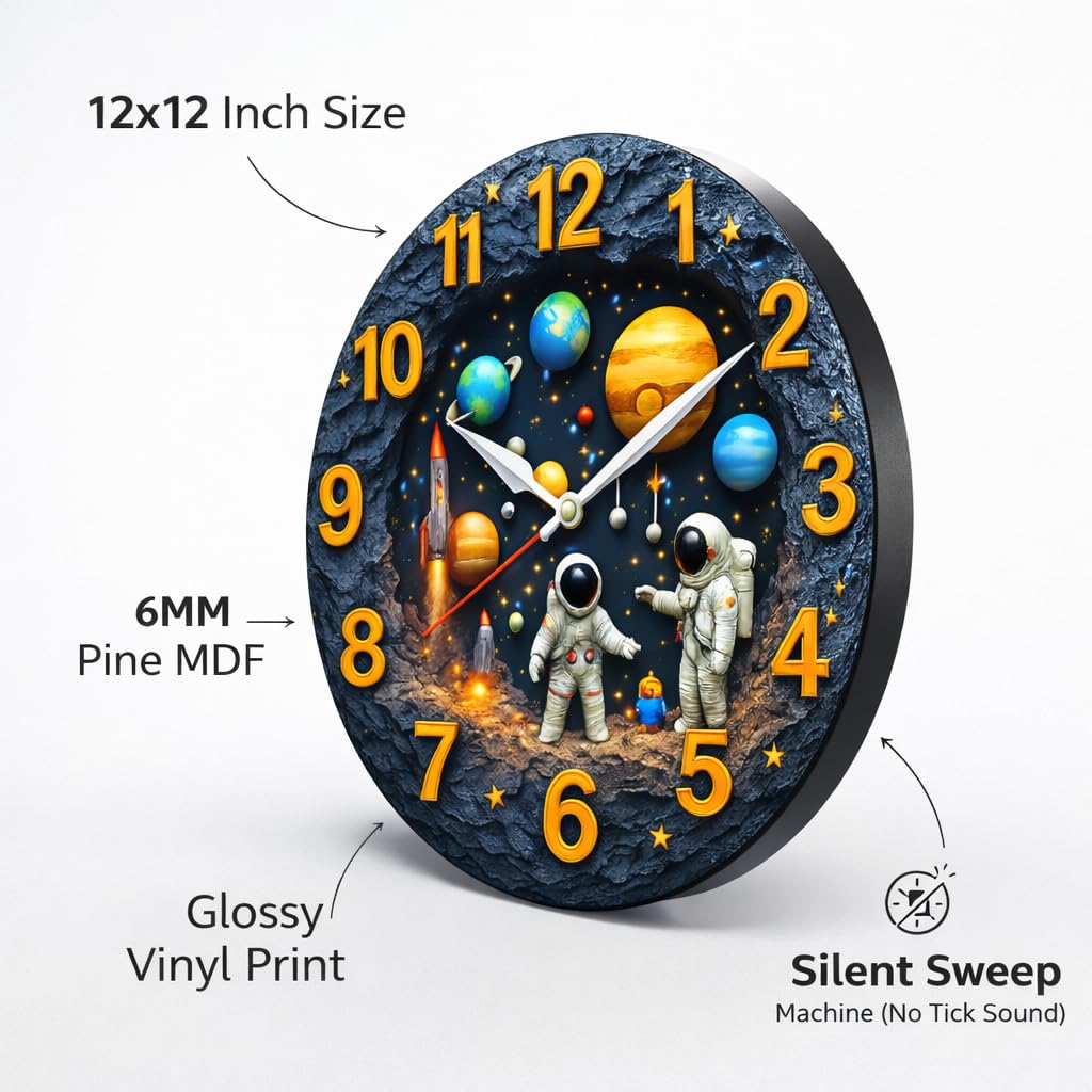 TERA MERA GIFT Kids Space Wall Clock for Bedroom 12 Inch Silent Movement Decorative MDF Timepiece for Boys Girls Study Room Gift