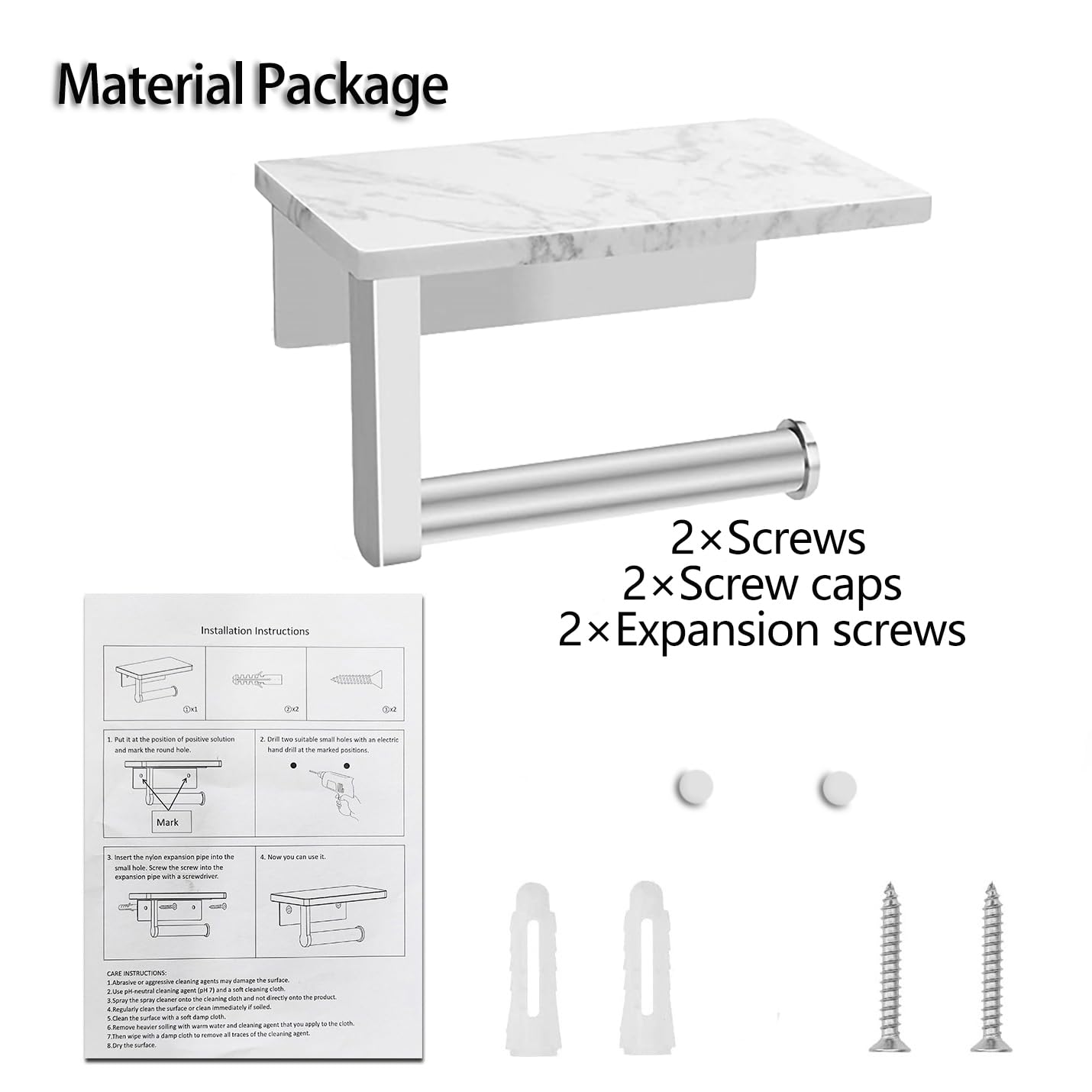 Inless - Soporte de acero para papel higiénico con estante de mármol blanco, autoadhesivo, montaje de tornillo, soporte para rollo de pañuelos de papel higiénico para baño y baño, Sto Solut (cepillo h