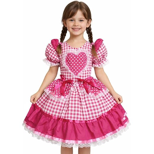 Vestido Festa Junina São João Quadrilha Caipira Infantil Rodado Babado Coração Pink