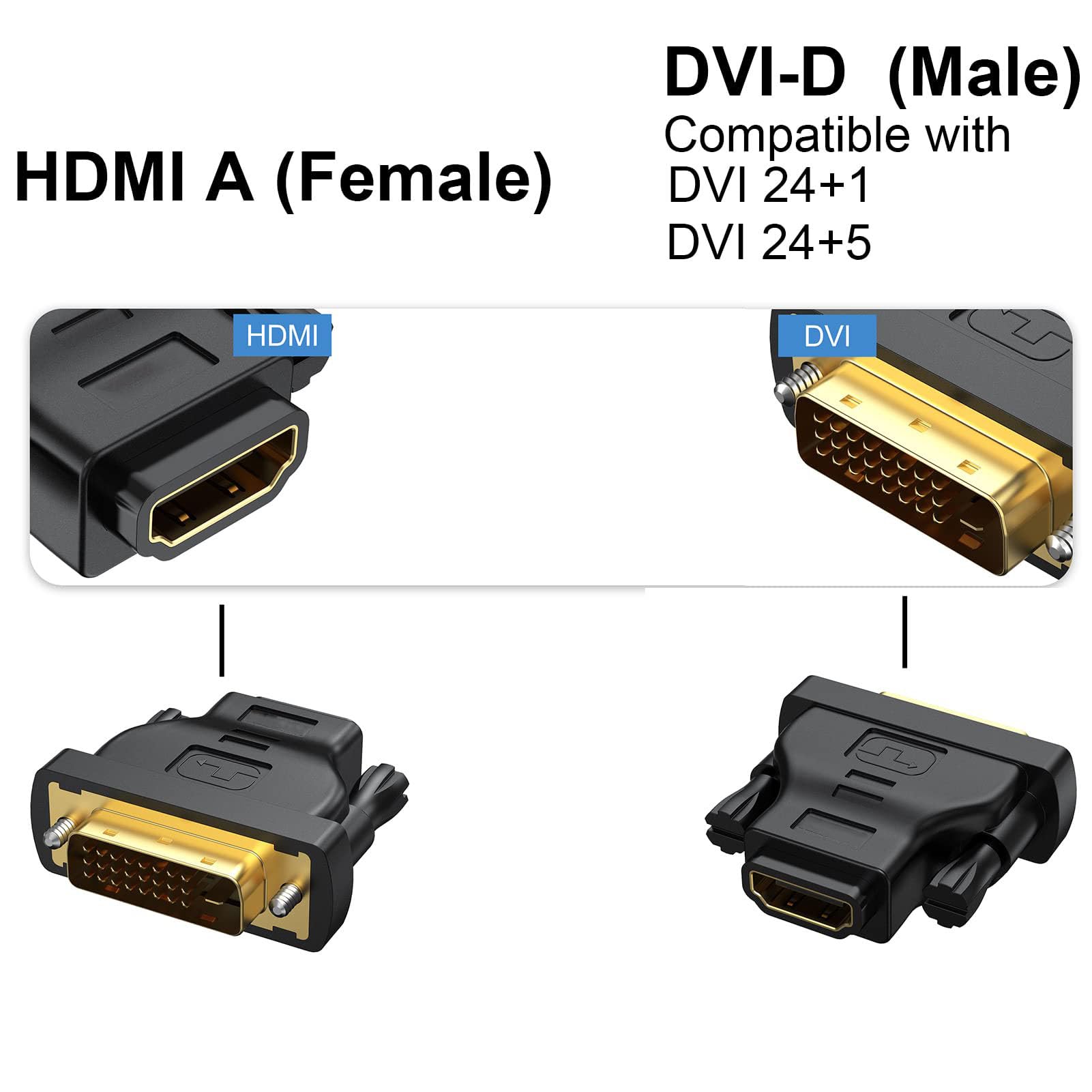 Lot de 10 adaptateurs DVI vers HDMI, bidirectionnel femelle vers DVI-D (24+1) mâle avec plaqué or pour ordinateur, moniteur, projecteur, TV, PS3/4/5, Nintendo Switch et plus encore