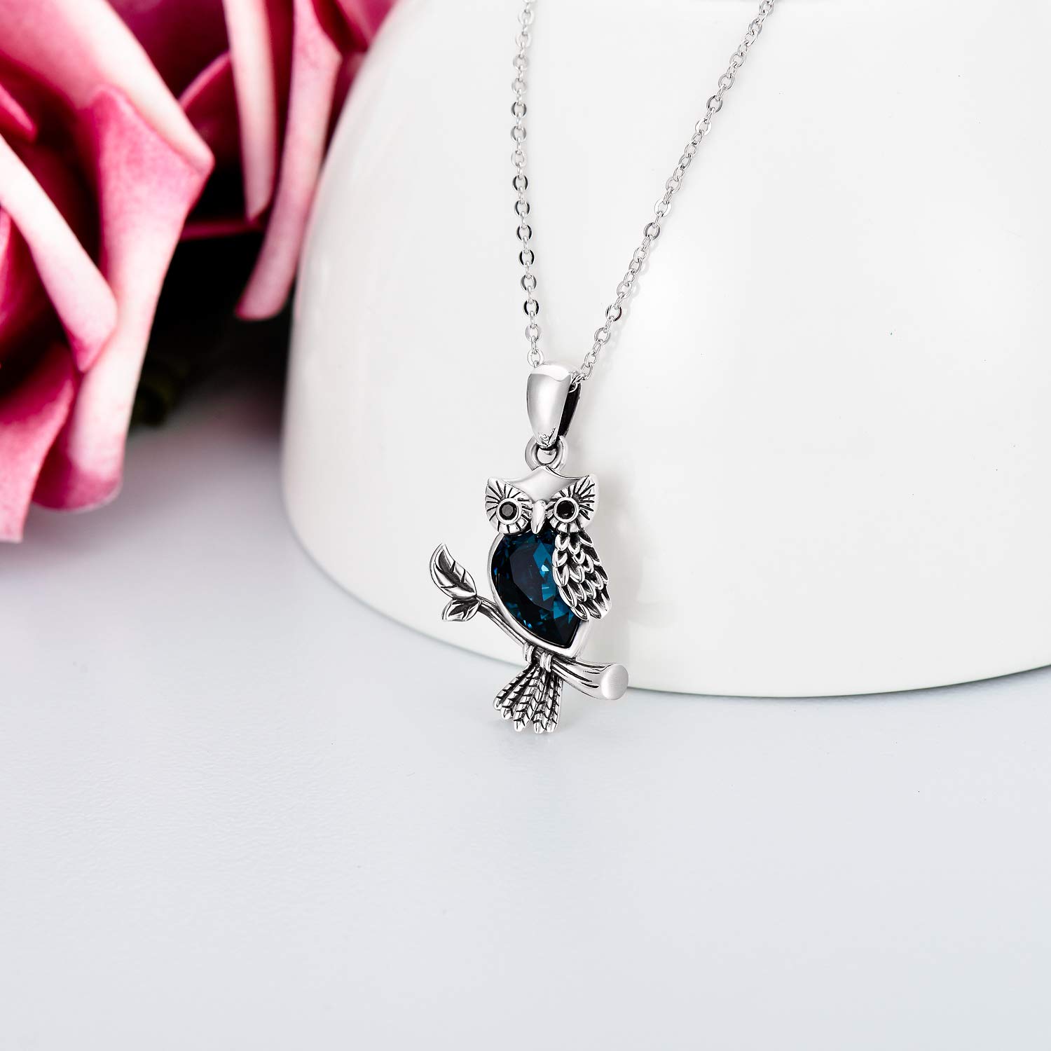 Collier Hibou en Argent Sterling 925 avec Pendentif en Forme en Cristal Cadeau d'Anniversaire pour Femme Mère 45,7 + 5,1 cm