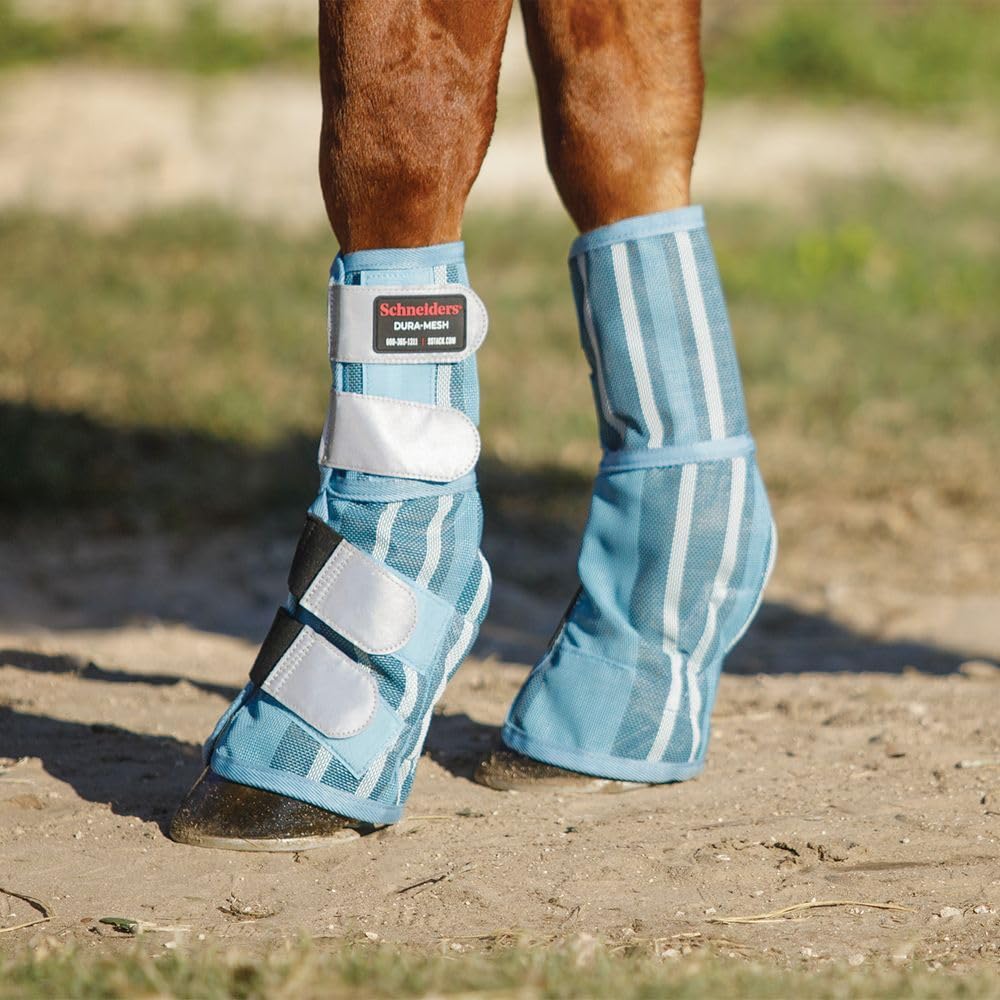 Schneiders Dura-Mesh II Striped Fitted Horse Fly Boots | Set of 2 | Reflective Safety Design | 70% UV Protection | Maximum Durability | Color Navy | Size Medium