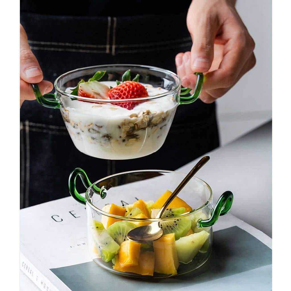 Cuenco de Sopa con 2 Asas 500 ml, Cuencos de Sopa Transparentes con Asas de Cristal, Apto para microondas, Apto para microondas, Cocina Moderna para Ensalada de Frutas, Desayuno, Helado, pos