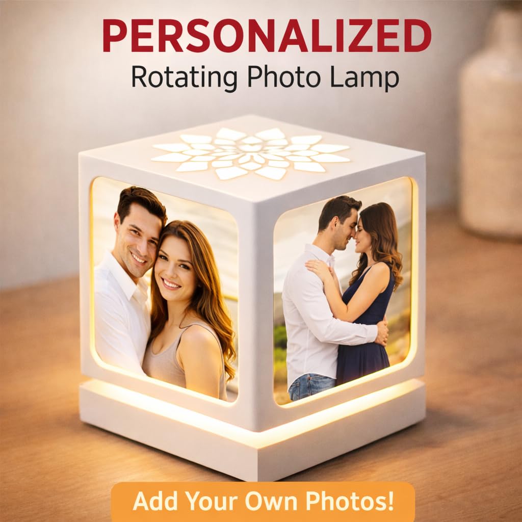 ZOCI VOCI Lámpara fotográfica giratoria con 4 fotos, NOSTALGIA FLORA - Regalos personalizados para marido y mujer (Blanco) | Lámpara de mesa personalizada, 4 fotos, regalos de aniversario para parejas, regalos románticos
