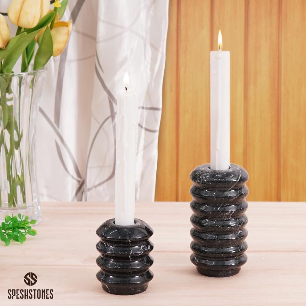 Marble Candle Holders Set of 2 Handmade Black Candlesticks Holder for Taper Candles and Wedding Centerpieces for Tables - Candle Stick Stand for Vintage Room & Fireplace Mantel Decor