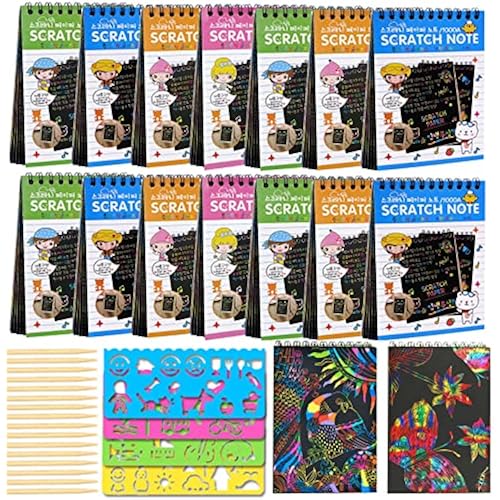 POKONBOY 16 Pack Scratch Arts and Crafts Notebooks, Scratch Note Pads for Kids Rainbow Party Favors Coloring Books for Kids Art Party Supplies Stocking Stuffers（16 Wooden Stylus & 4 Drawing Stencils）