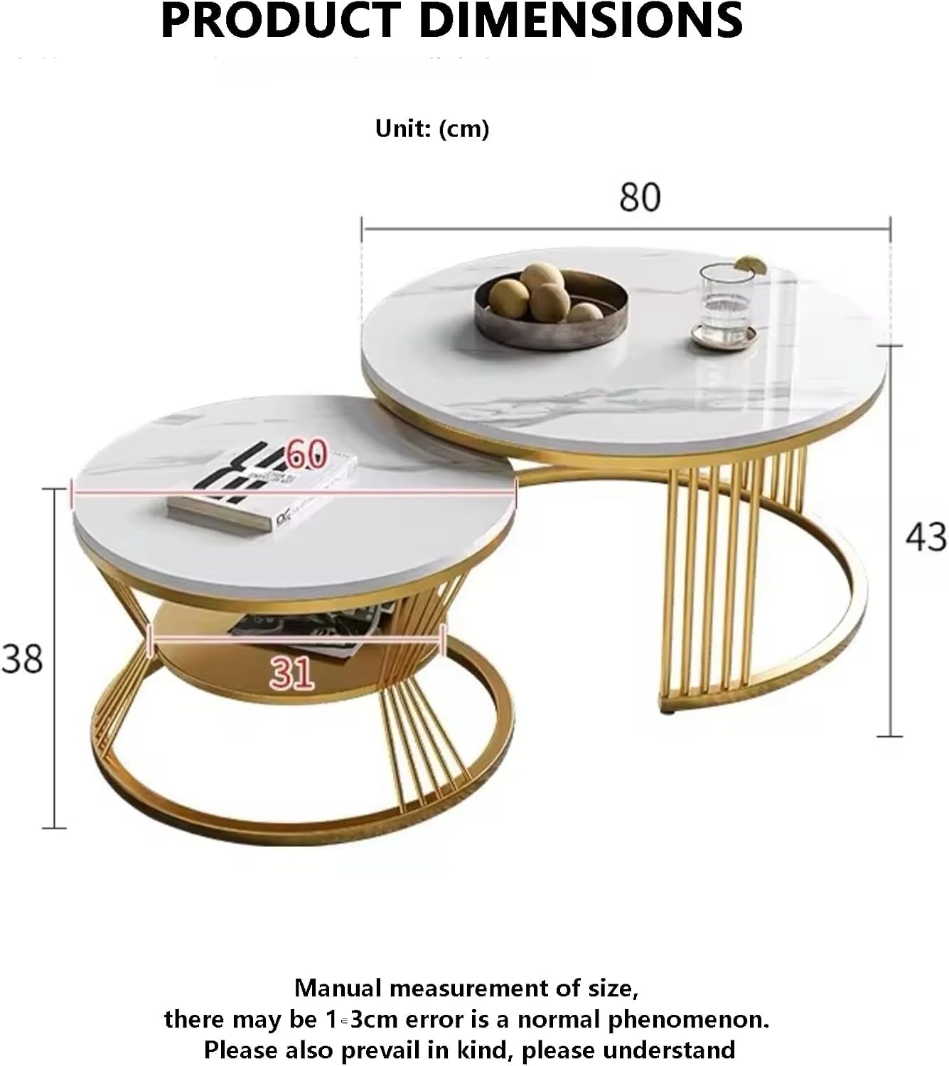 Modern Round Marble Coffee Table Set, 2-Piece (80cm+60cm) Nesting Tables with Metal Frame, Living Room Sofa Accent Table, Elegant Minimalist Side Tables Gold
