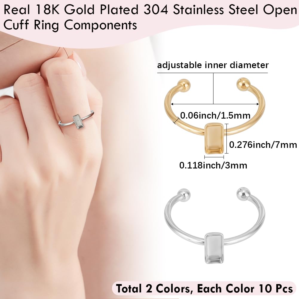 Beebeecraft 1 Scatola da 20 Pezzi di Base Vuota per Anello Regolabile Placcato Oro 18K 304 componenti per Impostazioni per Anello Aperto in Acciaio Inossidabile con Vassoio Rettangolare da 7x3mm per