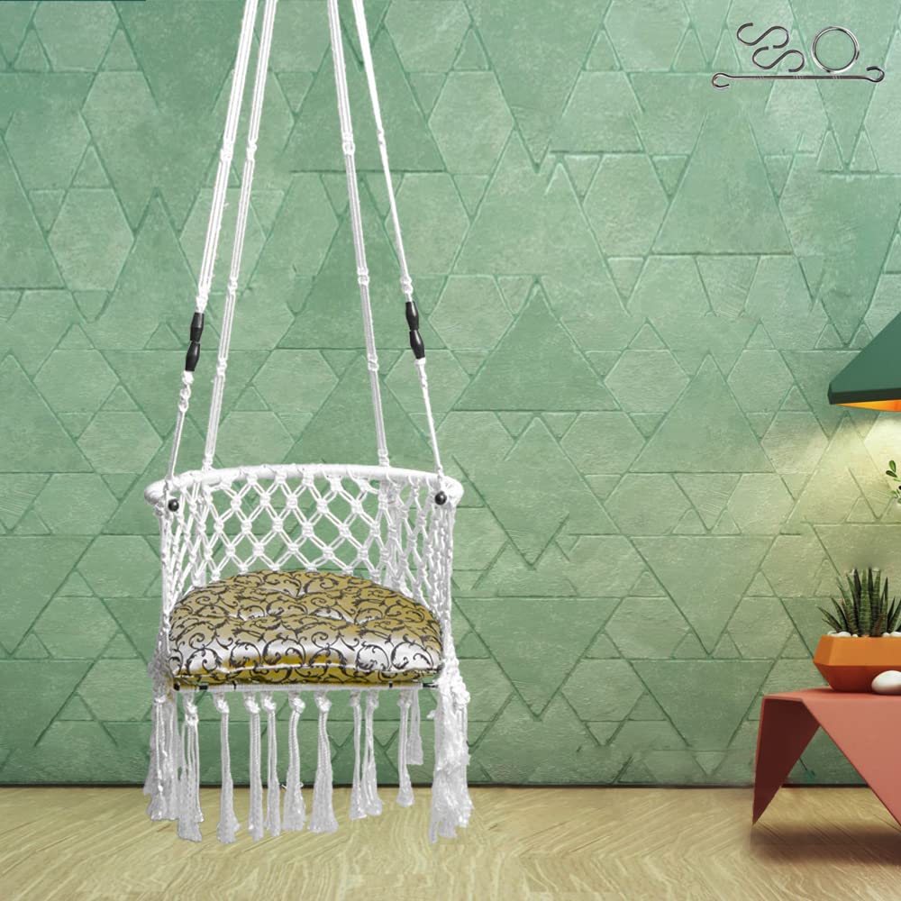 Patiofy Premium C Shape Swing for Adults for Home/Swing for Balcony, Garden/Swing for Kids/Hammock Hanging Swing Chair/includes Golden Floral D Shape Cushion & Hanging Kit/ 150Kg Capacity-White