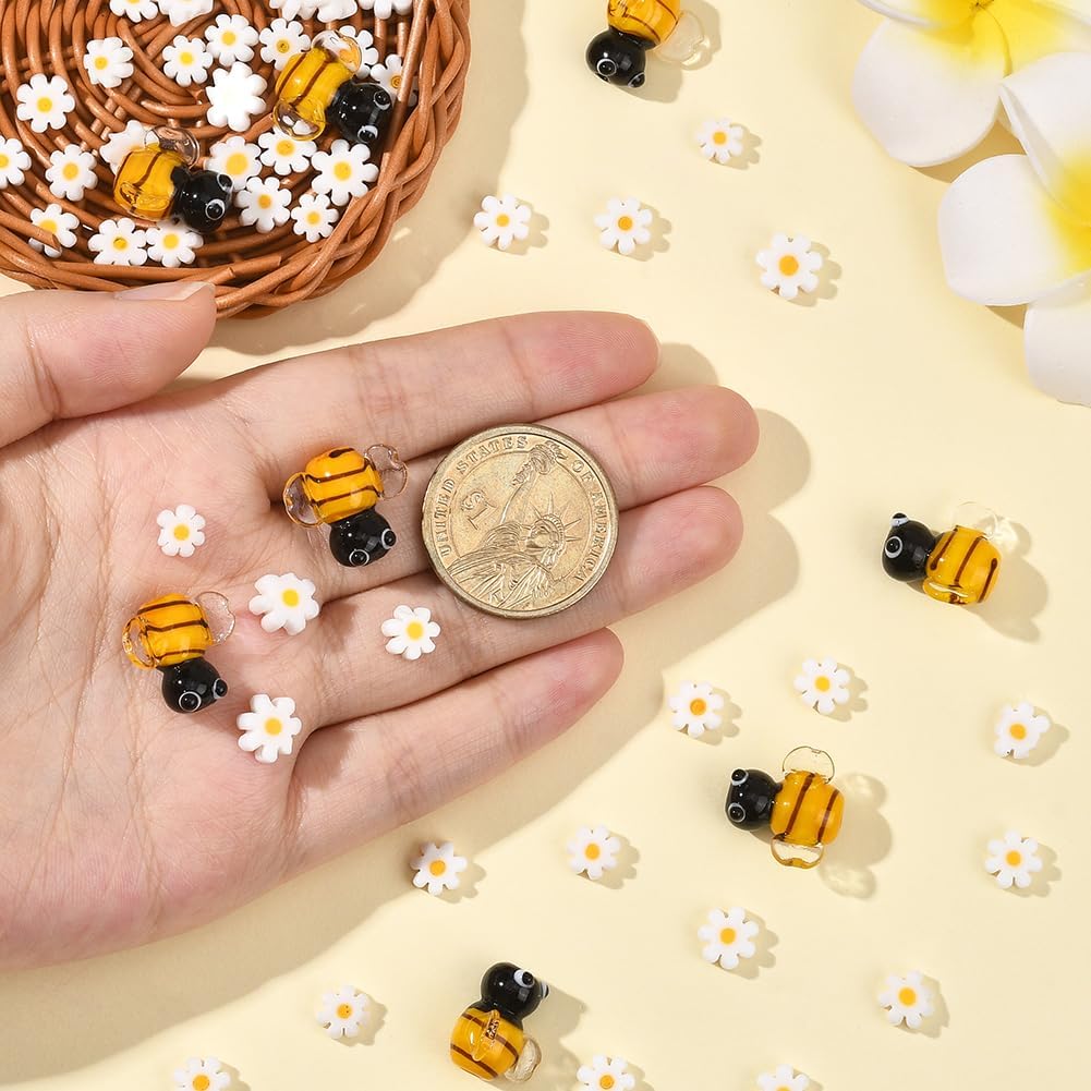 SUNNYCLUE 1 Box About 64pcs Bee Flower Beads Glass Bee Beads 3D Lampwork Glass Spring Honeybee Bee Shape Insect Animal White Daisy Flower Beads Bulk for Jewelry Making Adult Wedding Gifts Supplies image 4