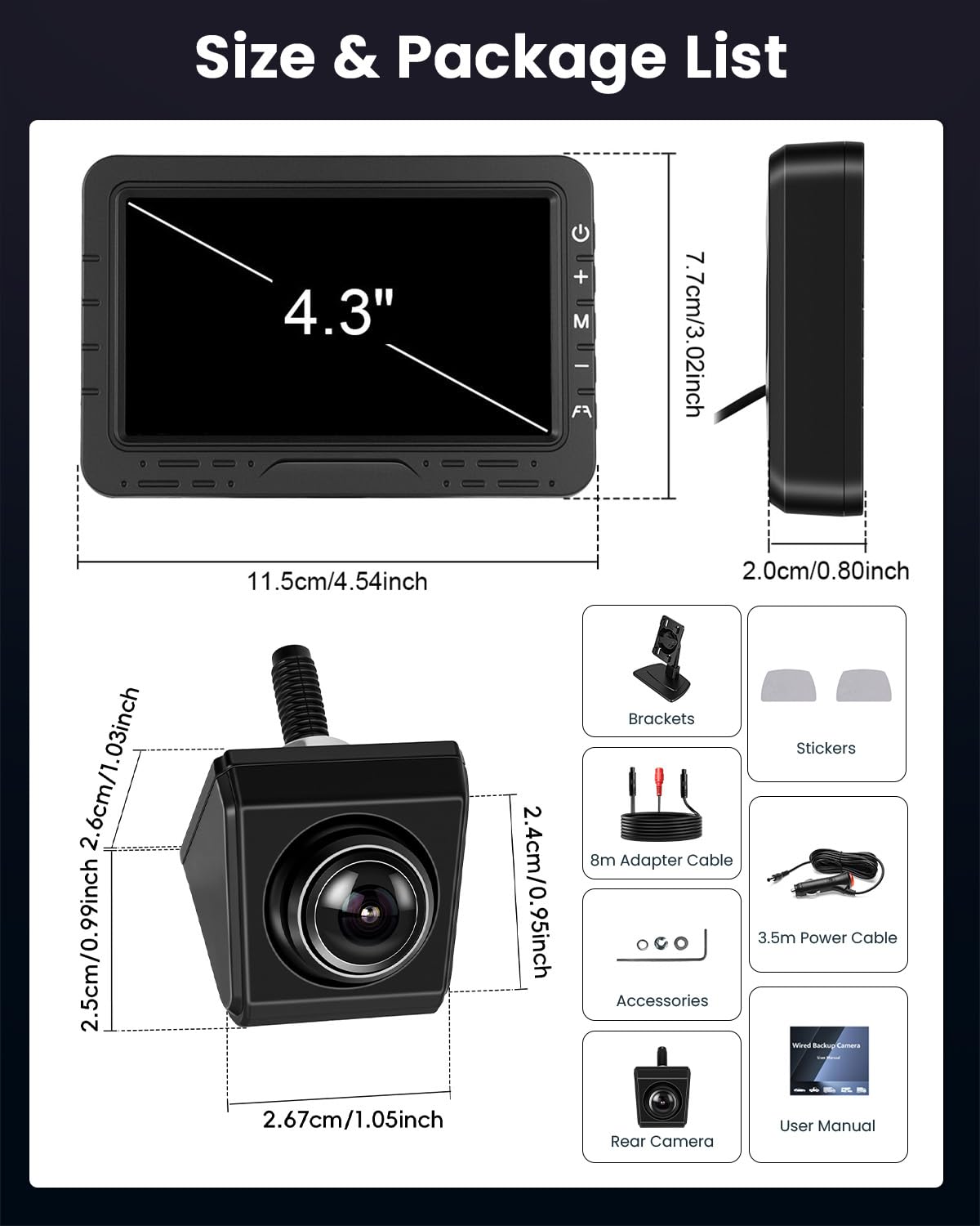 Roinvou Kit Telecamera di Retromarcia Digitale 1080P con Monitor 4.3 Pollici, per Auto, Rimorchio, Camper, Camion, Bus, Impermeabile IP68, Visione Notturna, 12V-24V