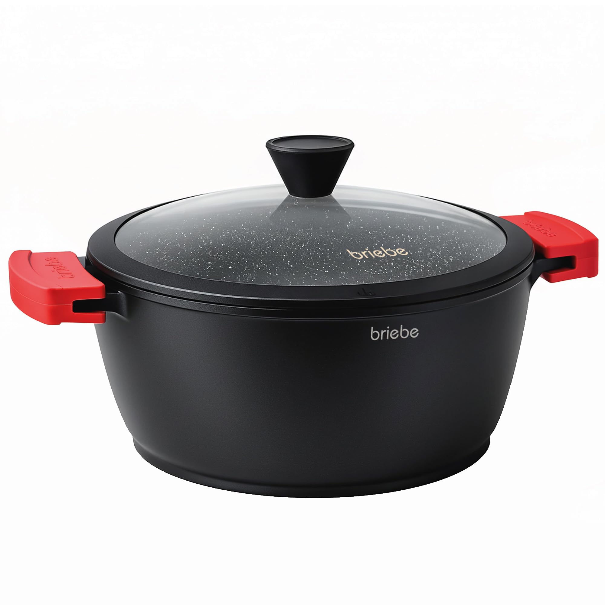 briebe Black Titanium Pentola Induzione Antiaderente Titanio, Casseruola 28cm, Alluminio Fuso, Rivestimento senza PFOA, Coperchio Vetro, Maniglie in Silicone, Vetroceramica, Gas, Forno