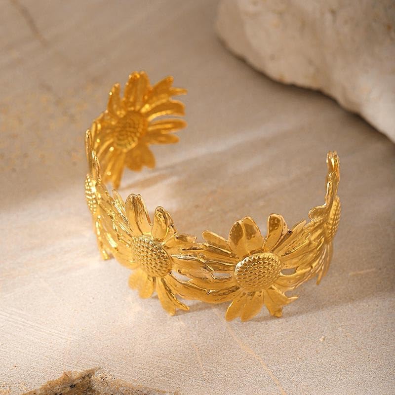 Chunky Flower Bracelet Dainty Gold Sunflower Cuff Bracelet Golden Open Bangle Silver Flower Cuffs Wide Floral Accessories Gift for Women Simple Minimalis Fashion Vintage Jewelry - Image 4