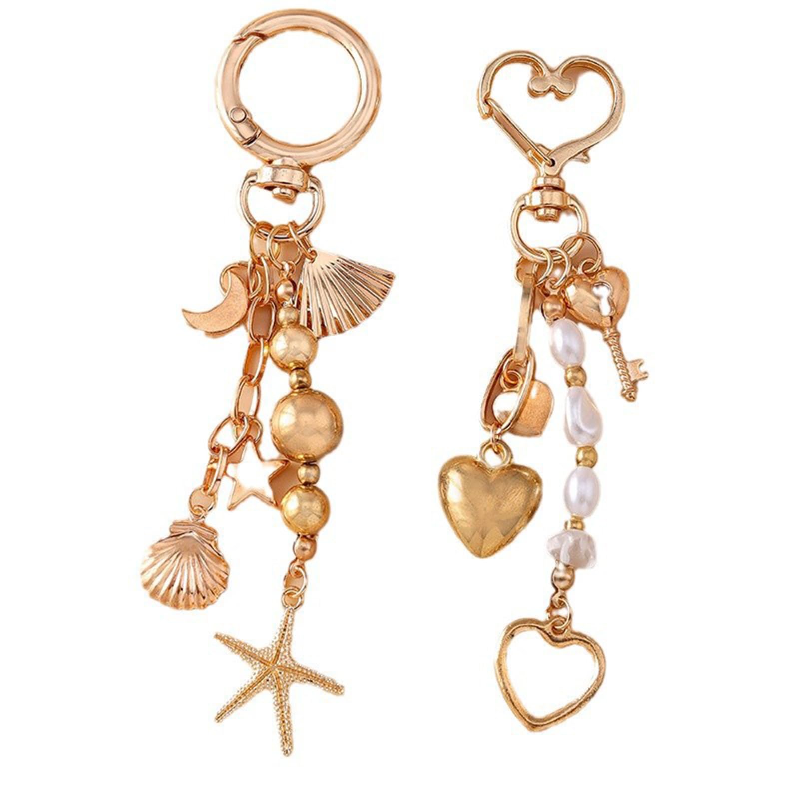 Qiubaoll Women's 2Pcs-Gold 2Pcs Elegant Gold-Tone Keychain For Star Moon & Shell Charms For Purse, Handbag Or Backpack (2Pcs-Gold)