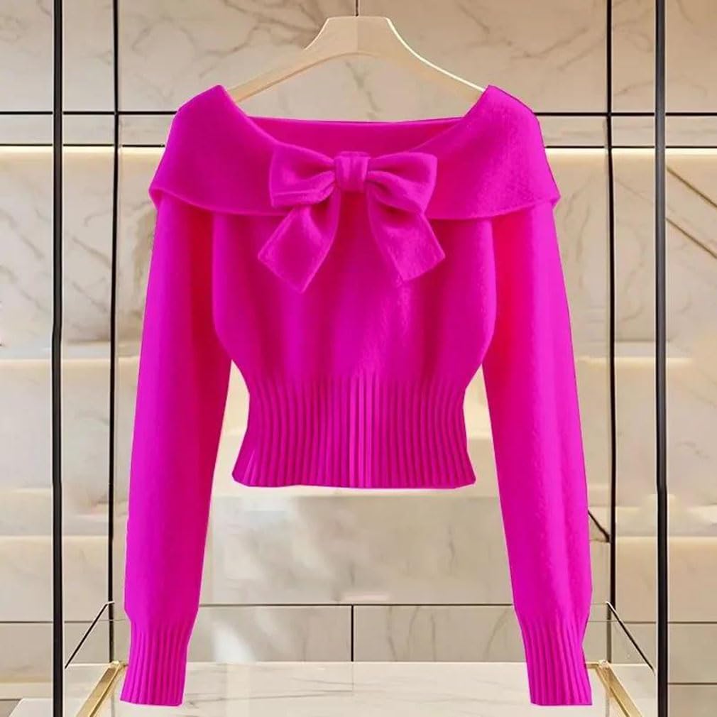 Women's Bowknot Knitting Sweater Foldover Cinched Waist Crop Tops Trendy Knit Pullover Sweaters