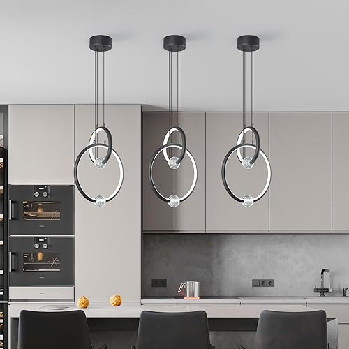 Miniatura 4 de Lámpara de araña moderna, lámpara colgante LED regulable de 2 anillos de 6000 K, altura ajustable, luz colgante de techo, luces colgantes negras,