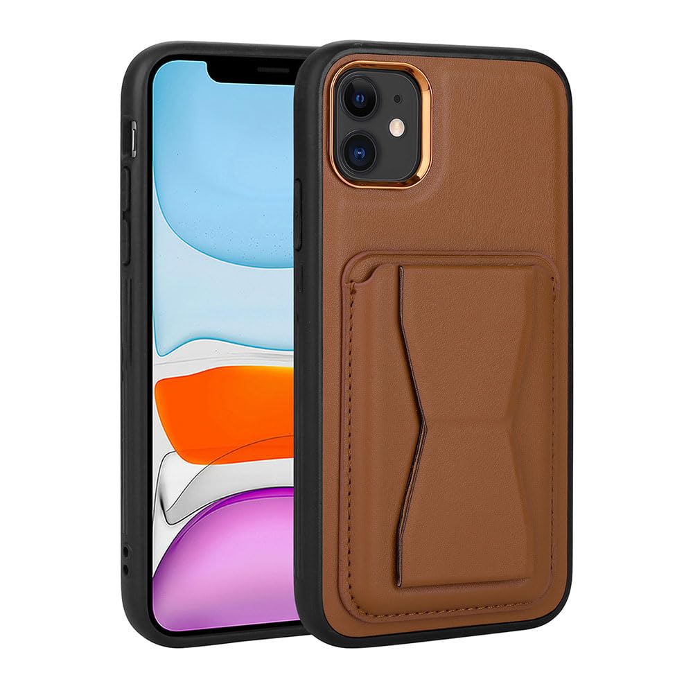 Zore Apple ile uyumlu iPhone 11 Kılıf Kartlıklı Standlı Pu Deri Zore Memo Kapak Kahverengi