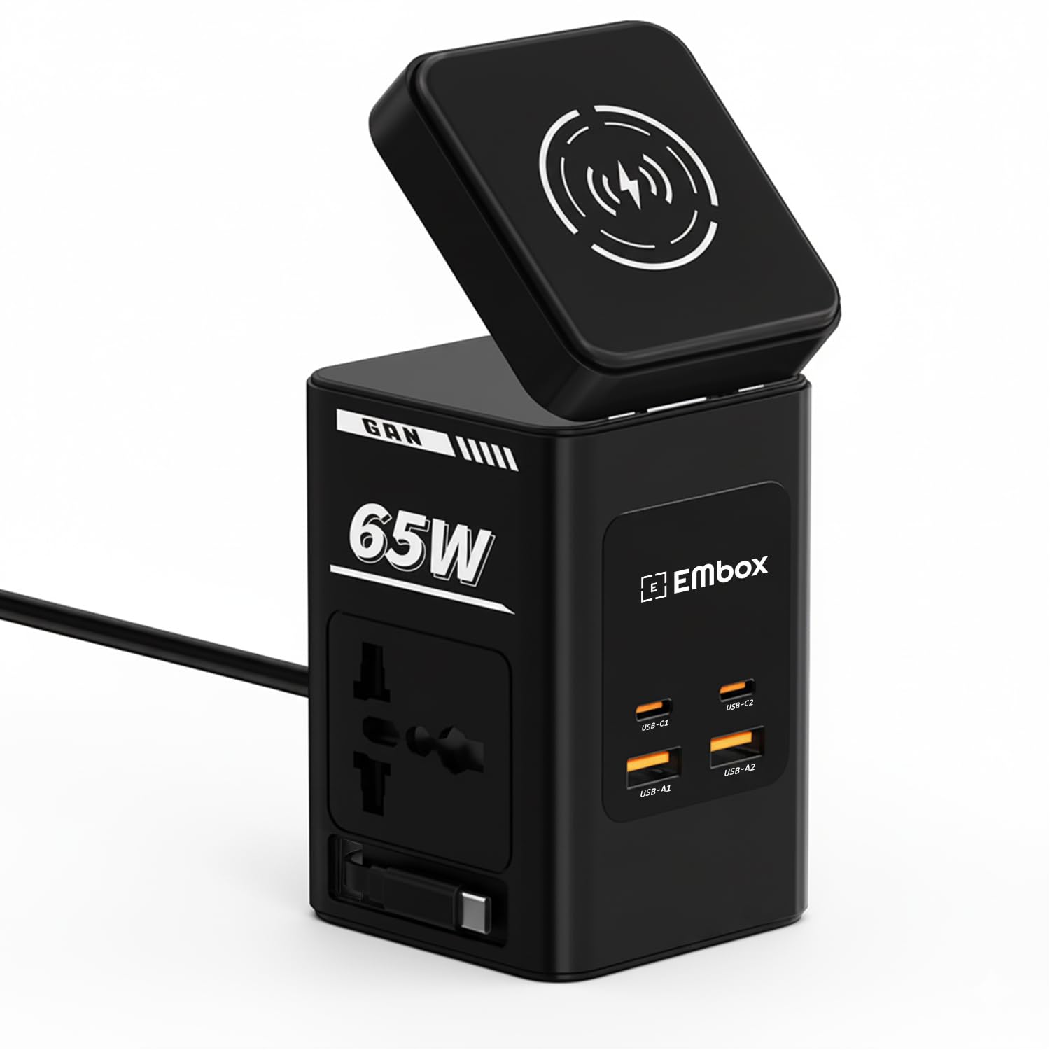 Embox 7-in-1 Gan Charger 65W Fast Charger | Type C USB 2 AC Sockets (2500W) Wireless Fast Charging | Multi-Port Desktop Charger for Laptop, iPhone, Android, Portable Charging Station