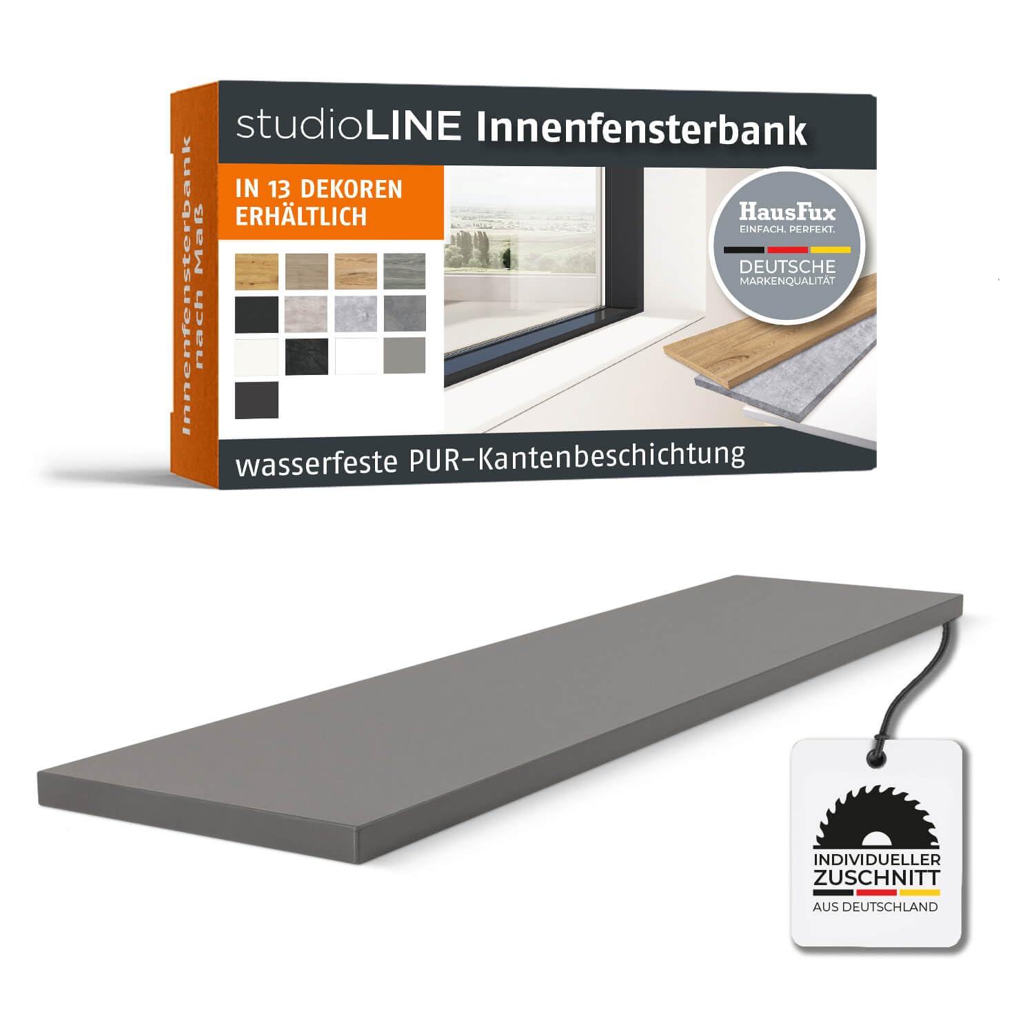 studioLINE MDF-Innenfensterbank nach Maß - 1,8 cm stark, melaminbeschichtet, mit ABS-Kante - Made in Germany - individueller Zuschnitt (Basalt Grau, T x L | 15 x 200 cm)