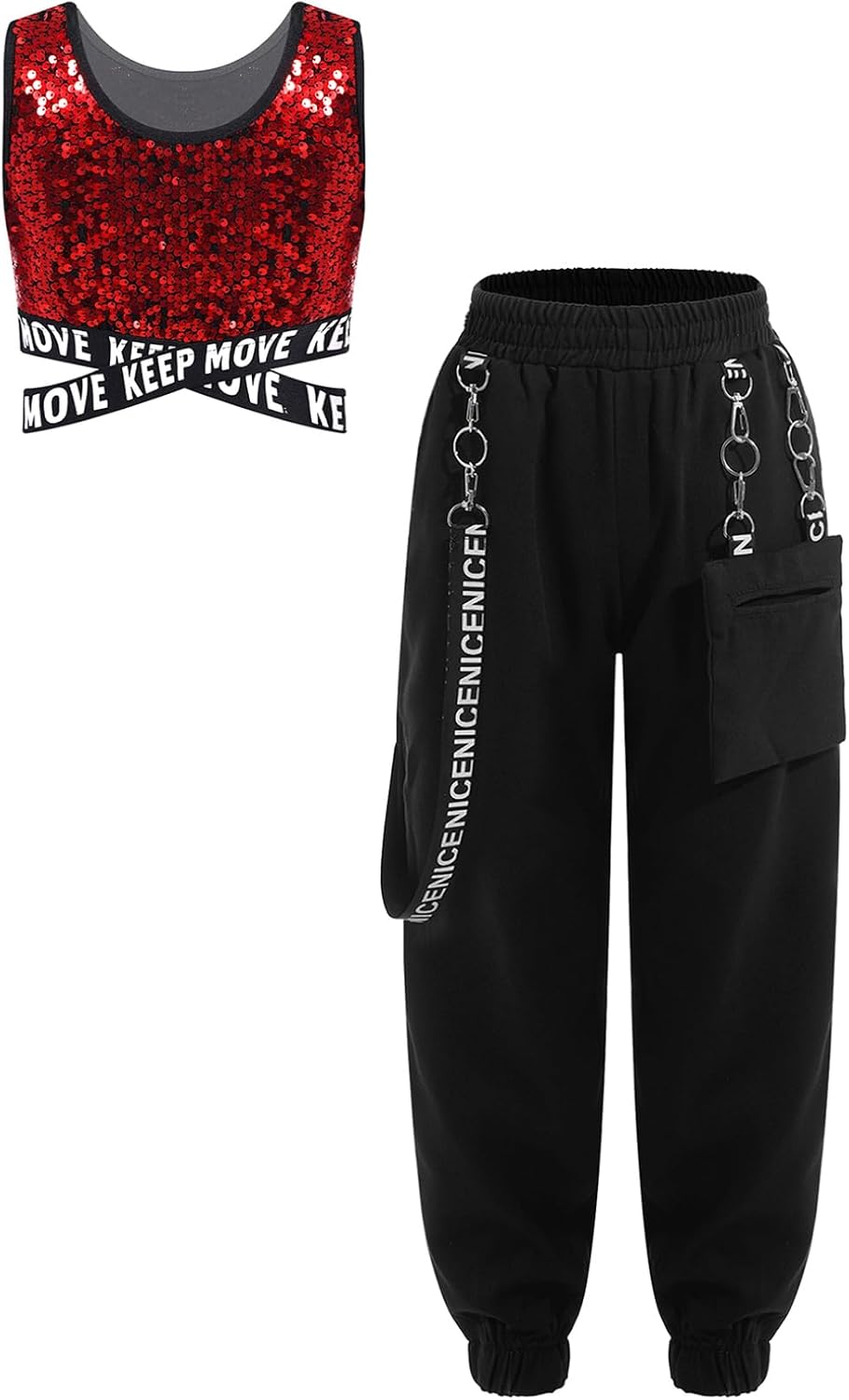 FEESHOW Kids Girls Hip-Hop Dance Outfits 2 Piece Shiny Sequins Crop Tops with Chain Pocket Jogger Pants Tracksuit Set